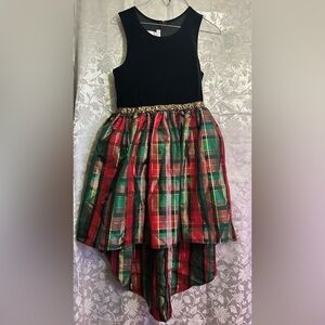 Bonnie Jean Girls Holiday Dress Black Velvet Top Plaid Skirt Red Green Gold.